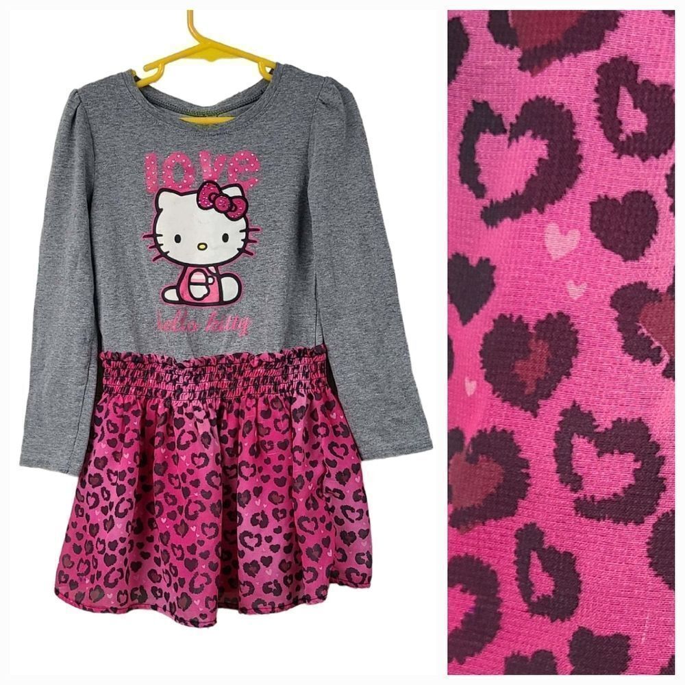 Hello Kitty Gray Knit Long Sleeve Pink Hearts Animal Print Bow Frilly Dress